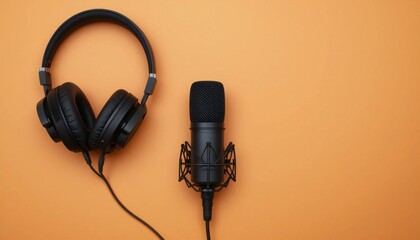 podcasting concept, directly above view of headphones and recording microphone on orange background