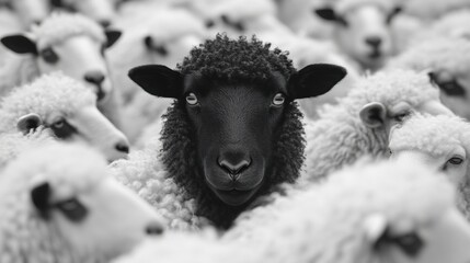 Une photographie d'un seul mouton noir se détachant au milieu d'un troupeau infini de moutons blancs