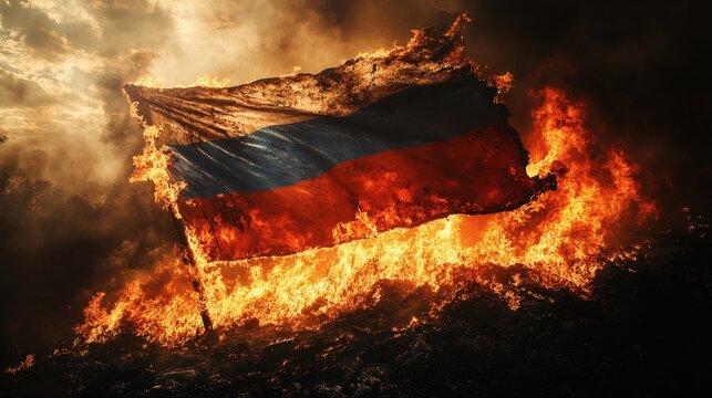 Burning Russian Flag: A Symbol of Conflict and Loss - Powered by Adobe