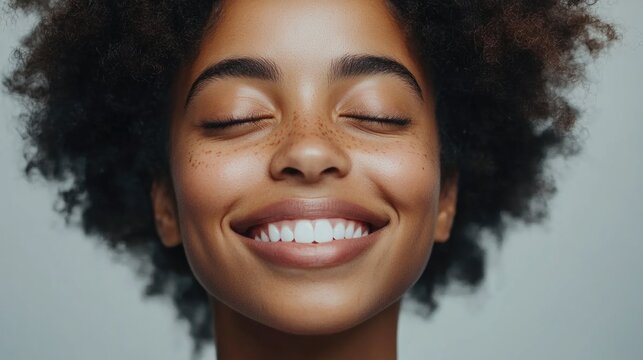Happy young woman with glowing skin and smooth curls smiling confidently in gray studio backdrop showcasing healthy hair and skincare post keratin treatment