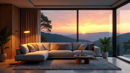 Serene Sunset View from Modern Living Room with Sectional Sofa and Floor Lamp
