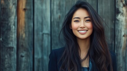 Fototapeta premium Smiling young Asian woman in business attire with long dark hair against rustic wooden planks in natural lighting showcasing professional demeanor.
