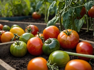 Vibrant Close-Up of Ripe and Unripe Tomatoes in Home Garden with Earth Tone Colors and Natural Sunlight