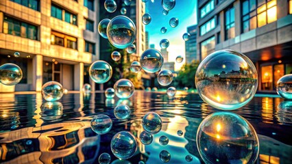 Architectural forms reflected in cerulean pools, bubbly light refracting.