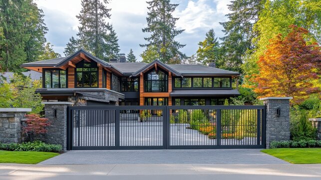 Modern luxury home with black gate and stone pillars, showcasing autumn foliage. Ideal for real estate, architecture, or luxury lifestyle websites.