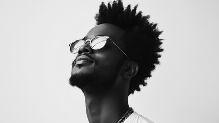 Confident young African man smiling against white background showcasing stylish glasses and textured afro hairstyle in monochrome setting