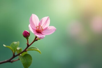 A Delicate Pink Blossom with a Bud on a Branch Against a Soft Green Background