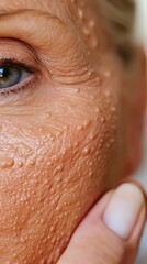 Facial skin texture concept. Extreme close-up of textured facial skin with visible folds and fine lines, soft-focus background, sharp detail, realistic tones