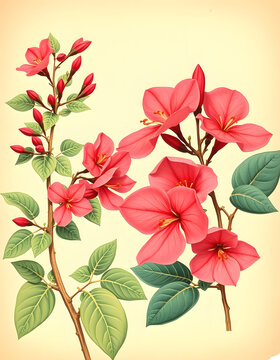 left: Bougainvillea spectabilis and right: Chaconia (Warszewiczia coccinea) / vintage illustration, collage style, with white tones