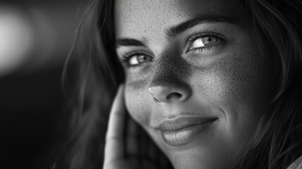 Fototapeta premium Smiling young woman portrait with freckles looking away in soft focus monochrome setting showcasing natural beauty and confidence