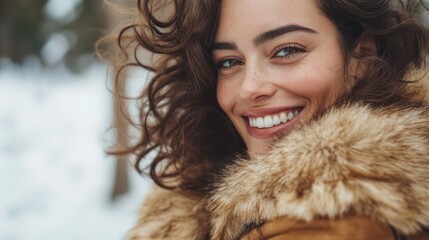 Smiling young woman with curly hair wearing a luxurious broadtail karakul astrakhan lambskin fur coat in a snowy forest setting
