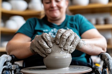 A determined woman in a wheelchair skillfully shapes clay on a pottery wheel, exhibiting artistry and the joy of creative expression despite physical challenges.