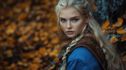 Viking warrior girl with braided blonde hair wearing a blue tunic in autumn forest surrounded by golden leaves and trees.