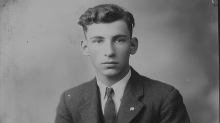 Black and white portrait of a young man in his twenties wearing a suit with a classic hairstyle against a neutral background