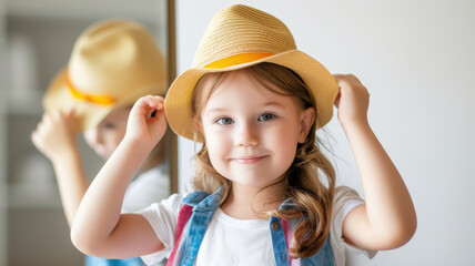 young girl joyfully tries on straw hat in front of mirror, showcasing her playful spirit