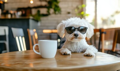 Cool White Dog in Sunglasses Enjoying Coffee at Pet-Friendly Cafe Table - Trendy and Relaxed Outdoor Coffee Shop Setting, Generative AI