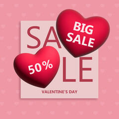 Valentine's Big Sale pink square poster with 3D hearts