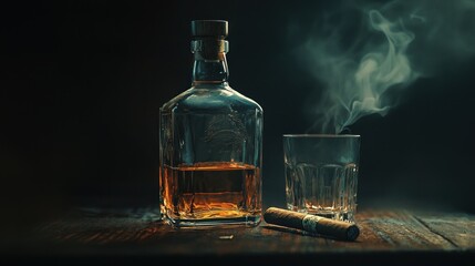 Whiskey bottle, glass, and cigar with smoke.