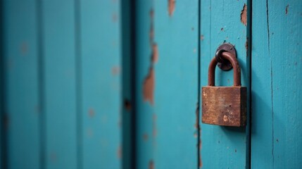 Rustic Weathered Padlock on a Teal Wooden Door, a Symbol of Security and Time's Passage