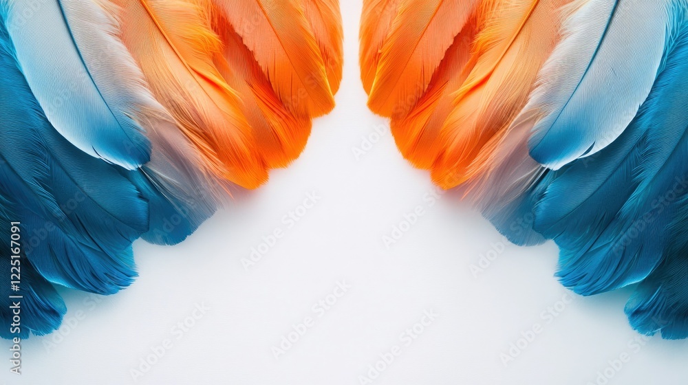 Poster a minimalistic composition of orange and blue feathers, arranged to create a symmetrical and harmoni