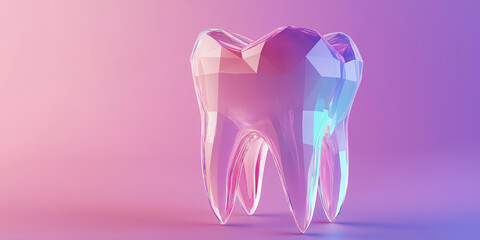 Tooth Medicine model low poly. Cristal glowing tooth on pink background, copy space.