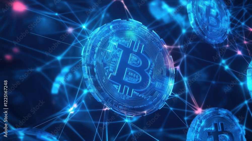 Poster cryptocurrency blockchain network background. bright glowing symbols. futuristic big data informatio