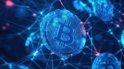 Cryptocurrency blockchain network background. Bright glowing symbols. Futuristic big data information. Graphic concept for your design