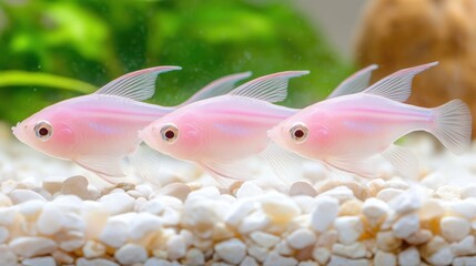 Obraz premium Vibrant pink tetra fish trio swimming in a dreamy aquarium with lush background