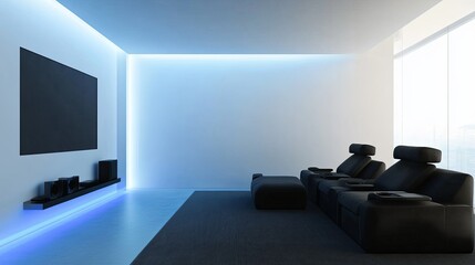 A minimalist home theater with clean white walls, black seating, and a glowing blue accent light. digital