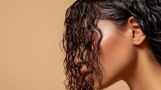 Woman with curly hair applying essential oil to her hair on a soft beige background showcasing hair care and beauty routines