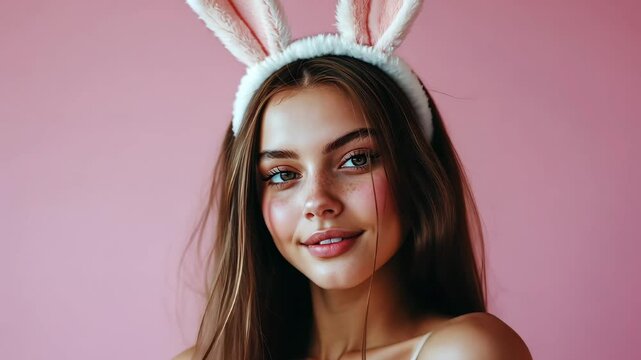 Young beautiful brunette with easter bunny ears posing to the camera on pink background