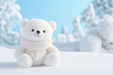 Adorable plush teddy bear in snowy winter wonderland setting