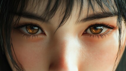 Fototapeta premium Close-up of a woman's face showcasing healthy skin, black hair, and expressive brown eyes, capturing beauty and youthfulness in soft light.
