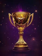 A gold trophy with a star emblem on a purple background, symbolizing achievement and victory.