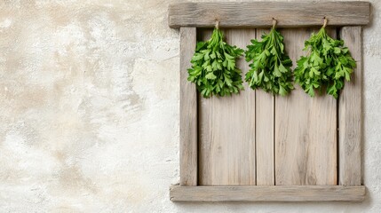 Freshly Picked Green Herbs Hanging in Rustic Wooden Frame Against Textured Wall