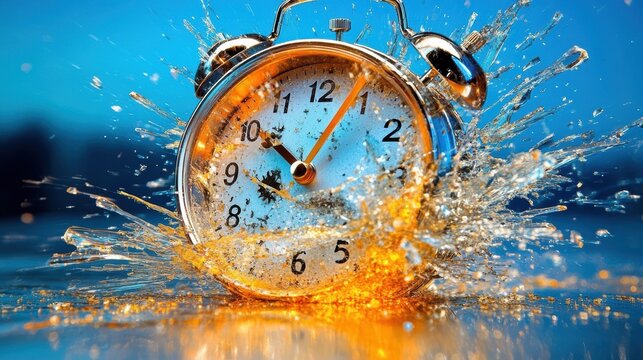 Exploding alarm clock capturing time and motion with splashing water on a vibrant background