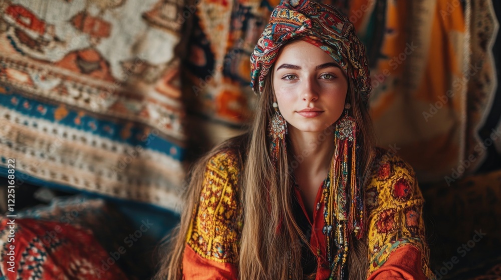 Poster woman in vibrant ethnic dress with intricate patterns and head wrap posing in artistic studio settin