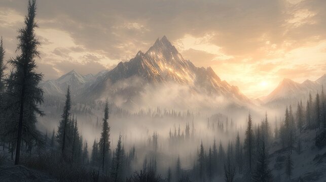 Majestic sunrise over misty mountain range, snow-capped peaks, coniferous forest.