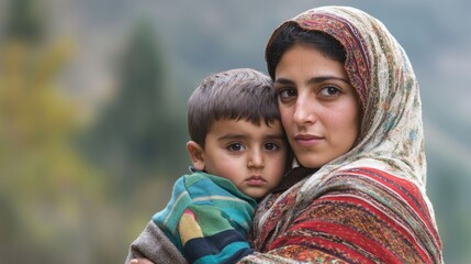 Fototapeta premium Mother and child embrace with warm expressions in a serene outdoor setting, showcasing rich colors of nature and traditional attire.