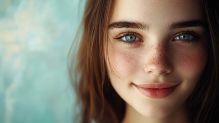 Obraz premium Closeup portrait of a young woman with freckled skin and blue eyes smiling against a soft blue background in a studio setting
