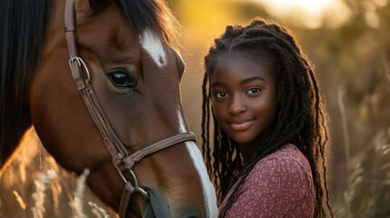 Obraz premium Young girl with long braided hair embracing a brown horse in a vibrant golden sunset field capturing the beauty of nature and companionship.