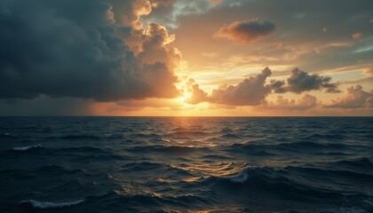 Fototapeta premium an impressive seascape, beautiful waves in the ocean at sunset, the sunlight of the setting sun on the horizon breaking through the clouds of the dramatic sky