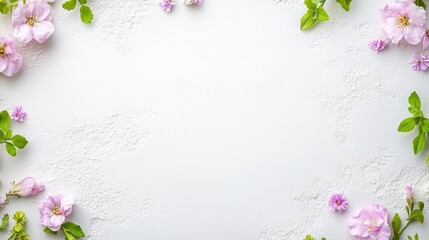 Floral border with pink flowers and green leaves on white background