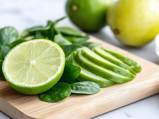 A lime is cut into slices and placed on a wooden cutting board