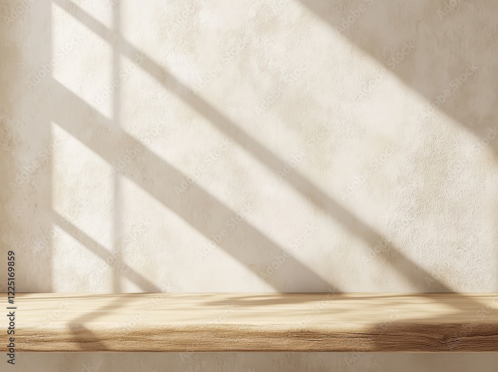 Poster a minimalist scene featuring a wooden shelf and soft shadows cast by light on a textured wall, creat