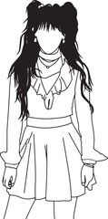 An elegant line art illustration of a girl wearing a stylish outfit, conveying a modern and chic aesthetic. The detailed yet simple style highlights the subject's elegance and fashionable charisma.