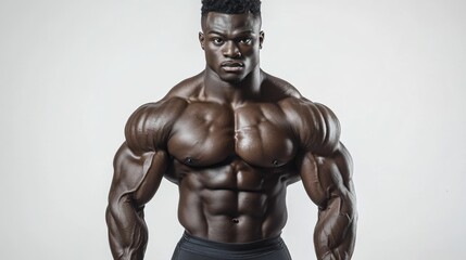 muscular young Black male bodybuilder showcasing strong physique and defined muscles against a bright white background
