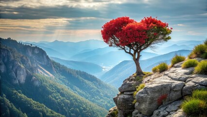 A lone red heart-shaped tree stands tall on a rocky cliffside, its branches swaying gently in the wind, as if performing an ethereal dance against the sky , mountainous region, red heart tree
