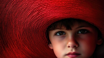 Close-up portrait of a contemplative young boy with dark hair partially obscured by a large vibrant red straw sunhat against a dark background.