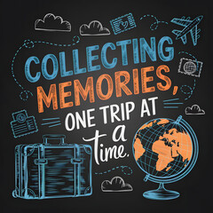 Fototapeta premium Colorful chalkboard travel design with suitcase, globe, and airplane 